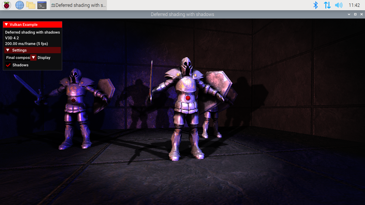 Screenshot of Sasha Willems' deferred shadows Vulkan demo running on the v3dv Vulkan driver for Raspberry Pi 4 computers