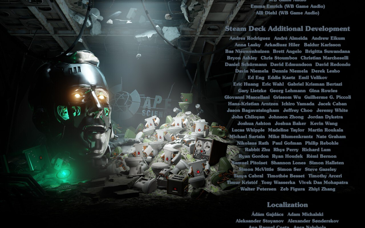 Screenshot of an excerpt from the Aperture Desk Job game credits mentioning additional contributions to the Steam Deck, which includes a mention to Guilherme G. Piccoli