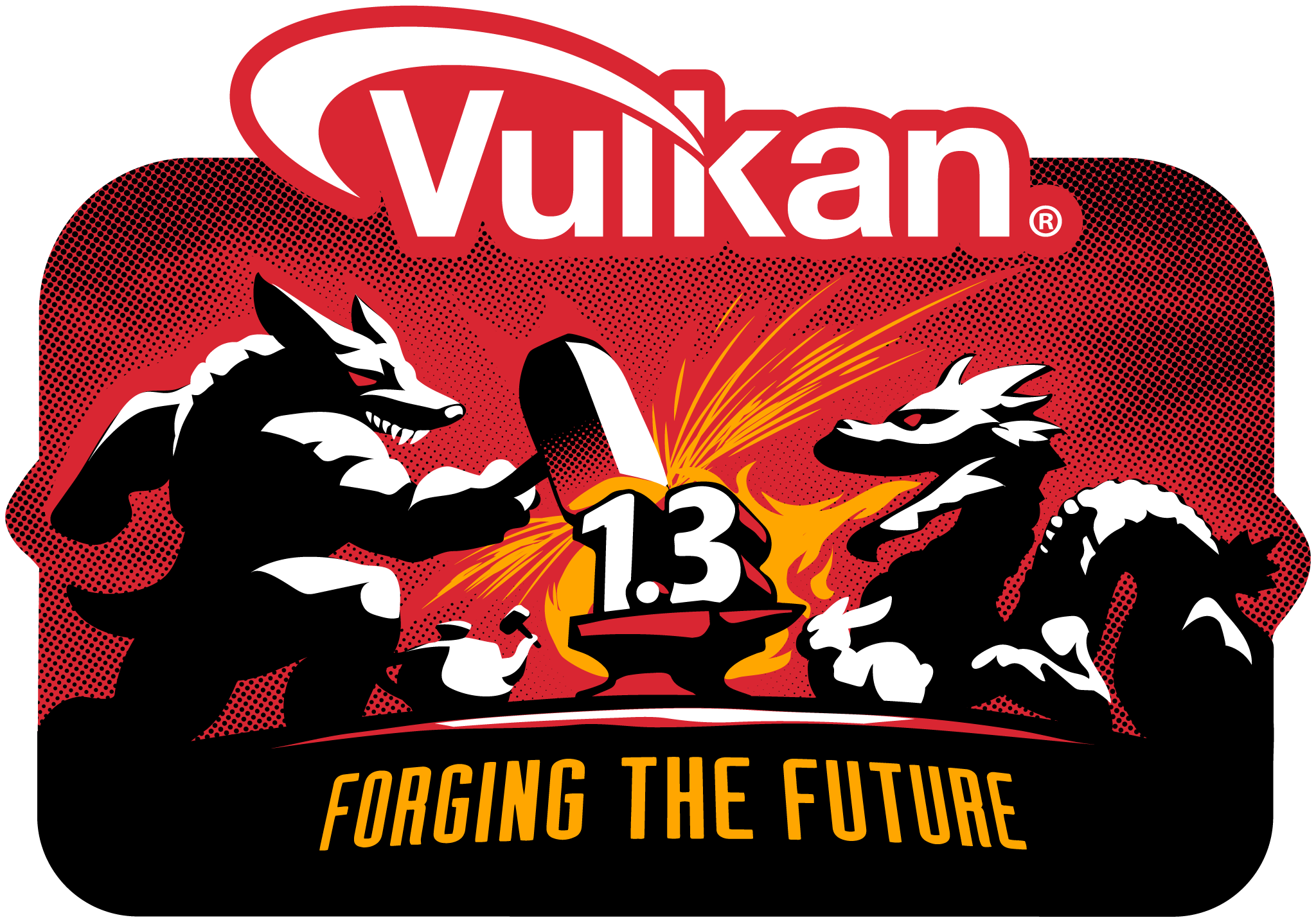 Vulkan 1.3 Release Logo including a sign that reads 'Forging The Future'. The number 1.3 sits on top of an anvil while being hammered by the Utah teapot and Buff Dillo, which holds the Industry Forge Hammer, while a dragon spits fire on it and the Stanford bunny watches the forging process.